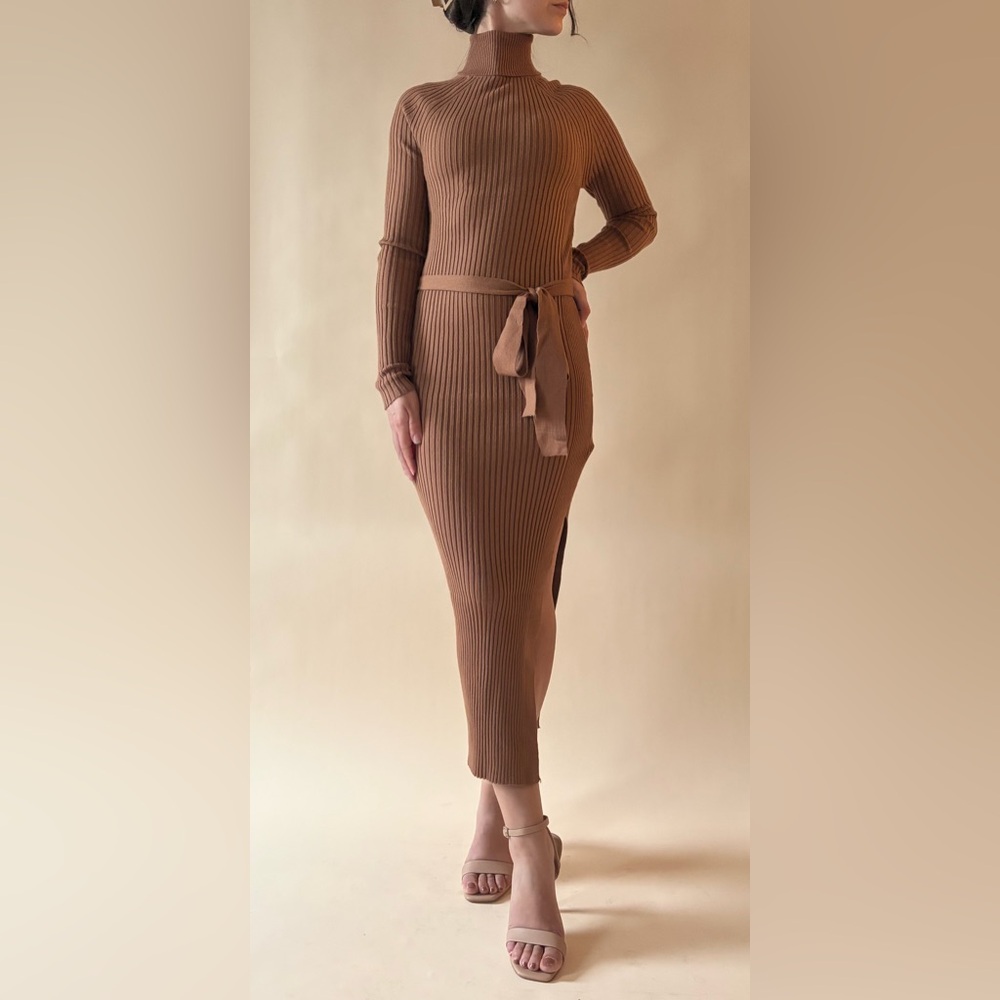 Chic Long Sleeve Brown Knit Dress